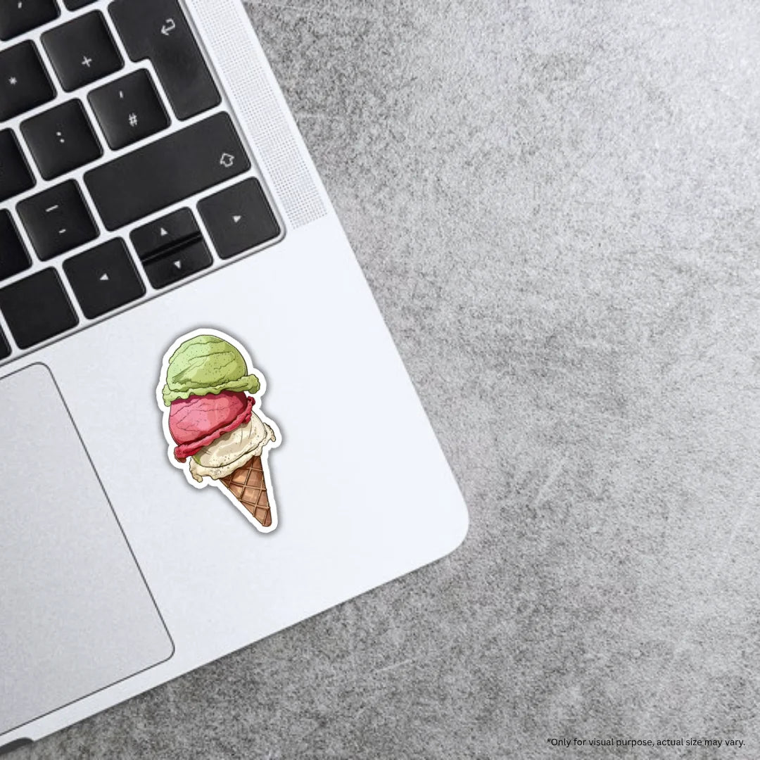 3 Scoop Ice Cream sticker featuring a colorful dessert design, premium printing, waterproof quality and scratch-resistant finish