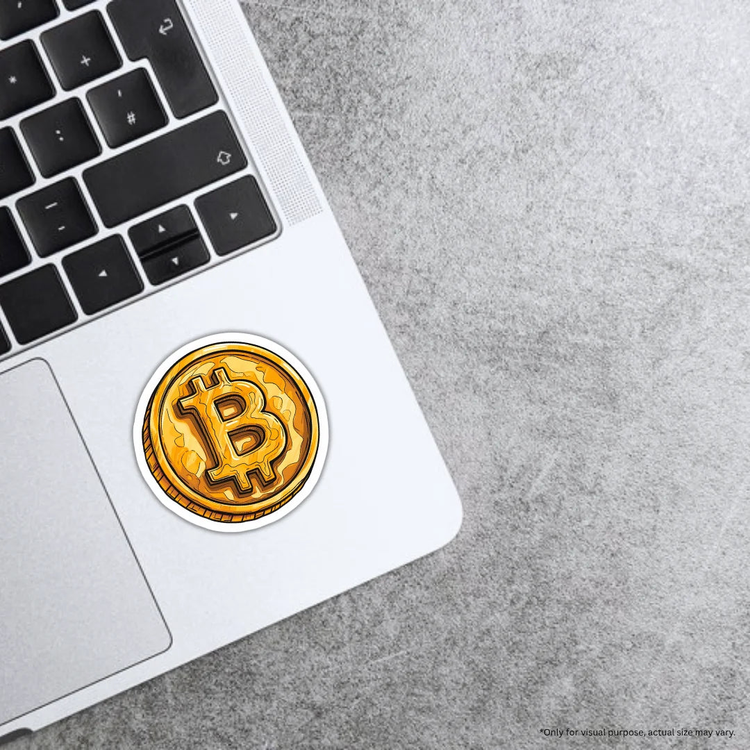 Bitcoin sticker featuring a bold cryptocurrency and digital finance design, premium printing, waterproof quality and scratch-resistant finish