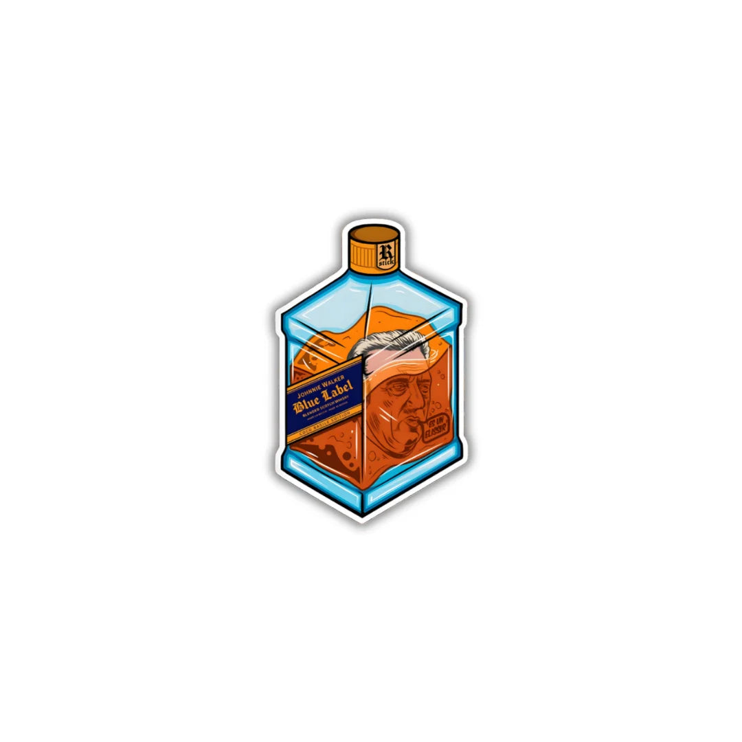Blue Label sticker featuring a sophisticated blue label and beverage-inspired design, premium printing, waterproof quality and scratch-resistant finish
