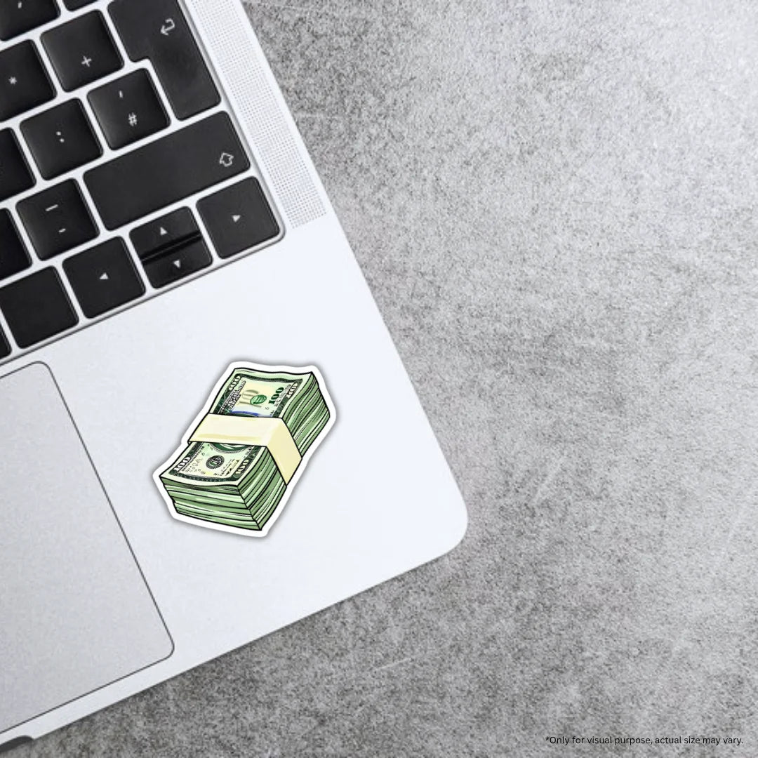 Cash Bundle sticker featuring a bold money-themed design, premium printing, waterproof quality and scratch-resistant finish