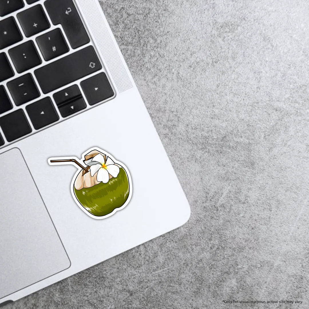 Coconut sticker featuring a tropical food-inspired design, premium printing, waterproof quality and scratch-resistant finish