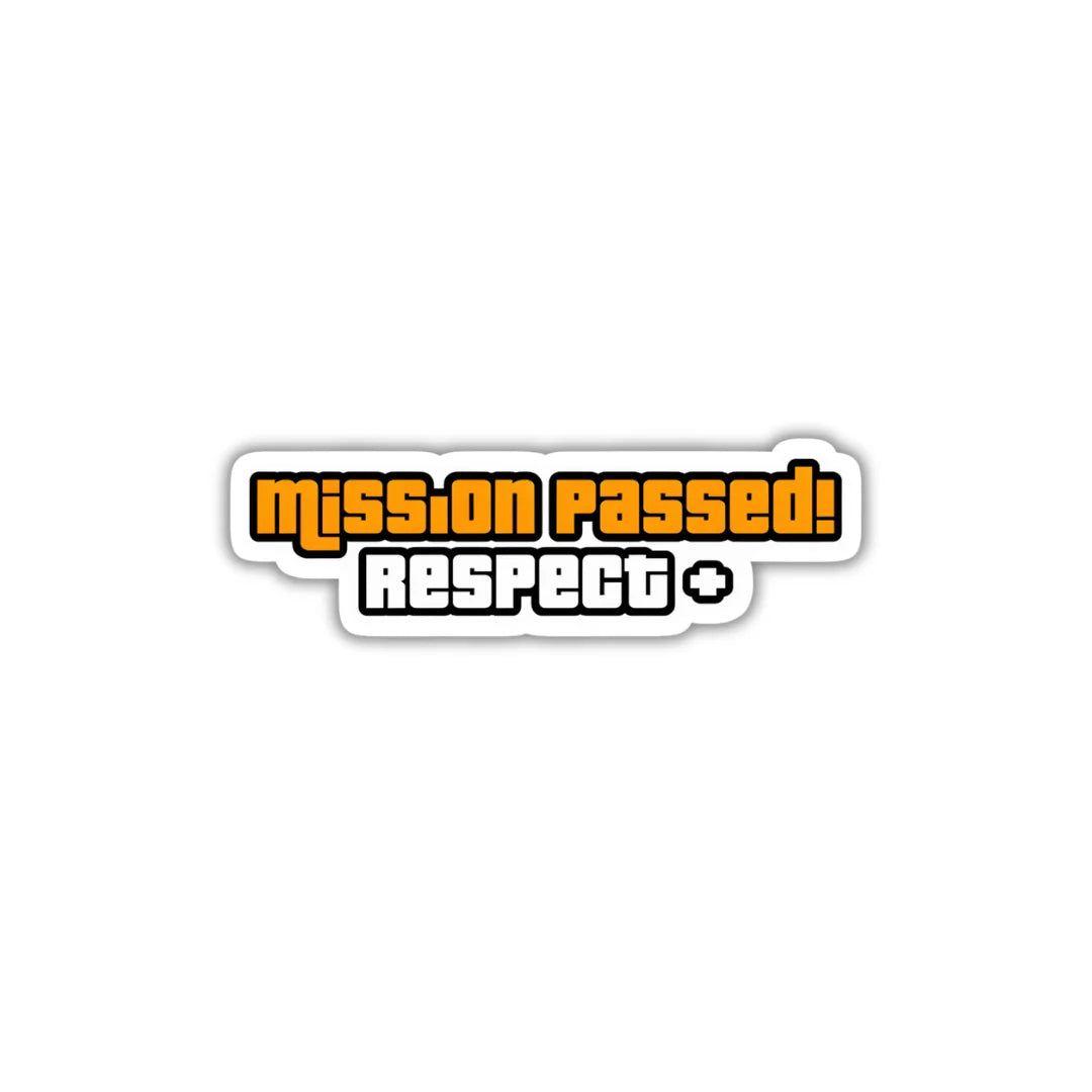 GTA Mission Passed sticker featuring a bold video game mission and achievement-inspired design, premium printing, waterproof quality and scratch-resistant finish