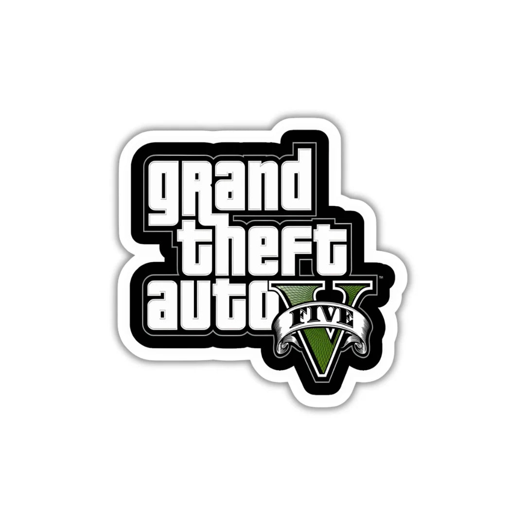 GTA V Logo sticker featuring a bold open-world gaming logo design, premium printing, waterproof quality and scratch-resistant finish