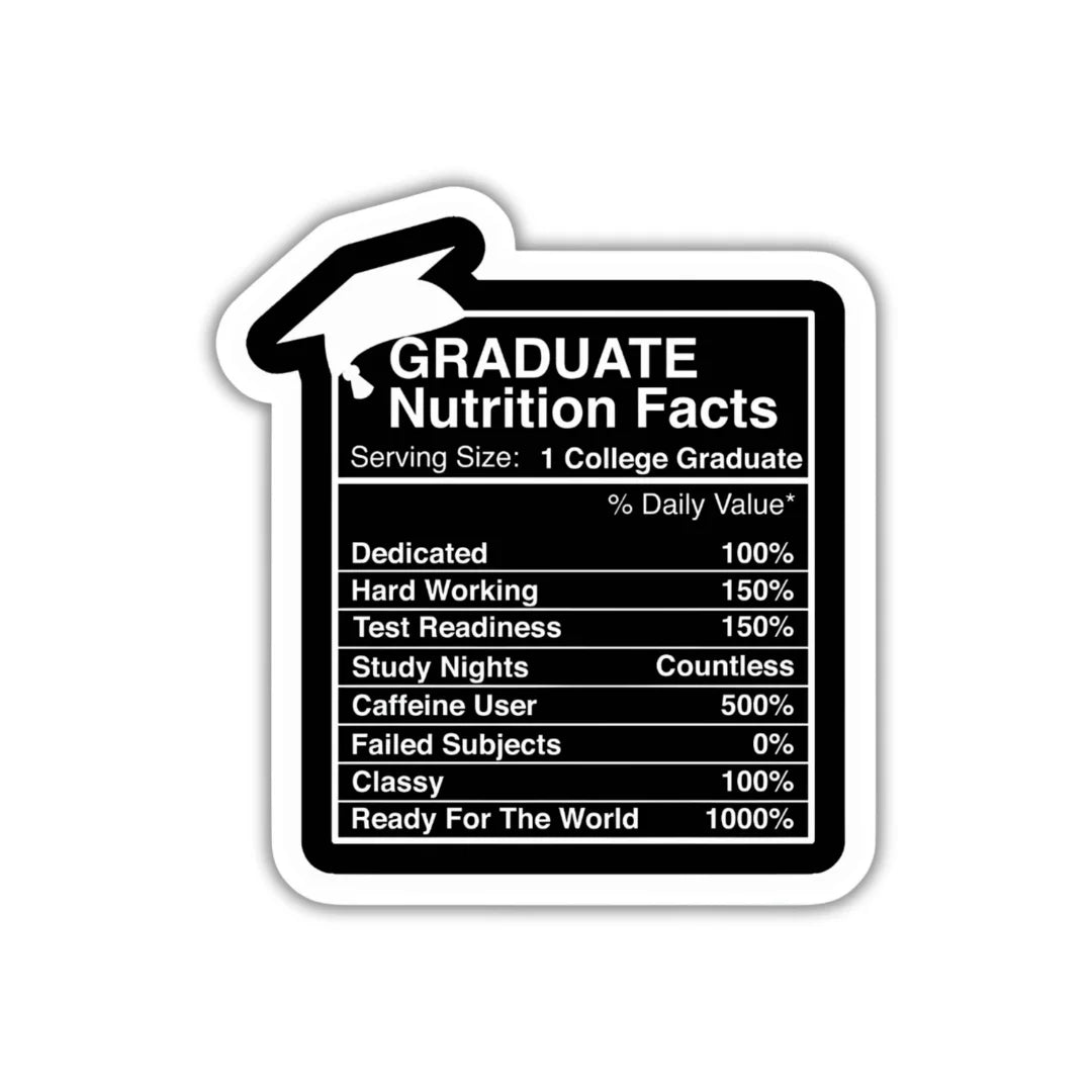 Graduation Facts sticker featuring a fun education and graduation-inspired design, premium printing, waterproof quality and scratch-resistant finish