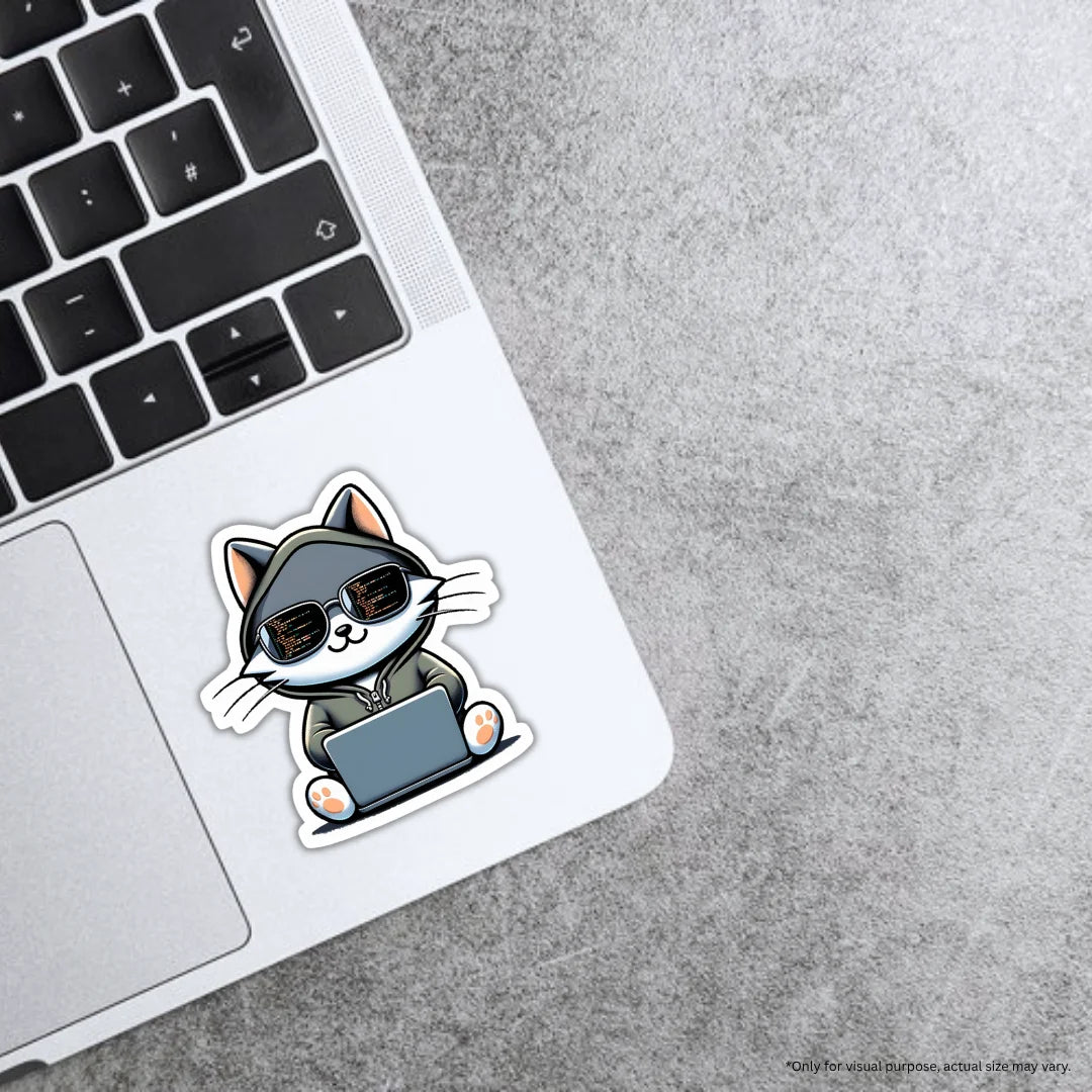 Hacker Cat sticker featuring a cyber-themed design, premium printing, waterproof quality and scratch-resistant finish by Drache