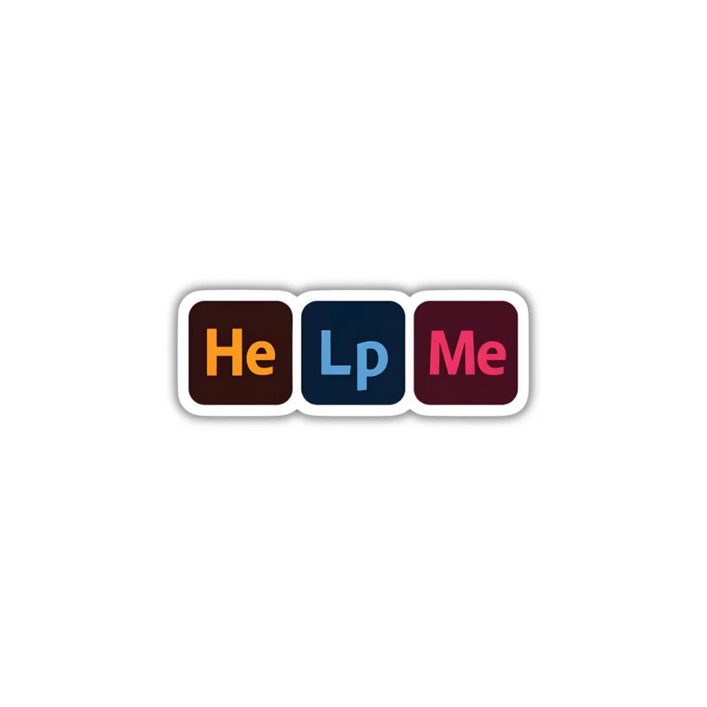 Help Me sticker featuring an Adobe-inspired creative design, premium printing, waterproof quality and scratch-resistant finish