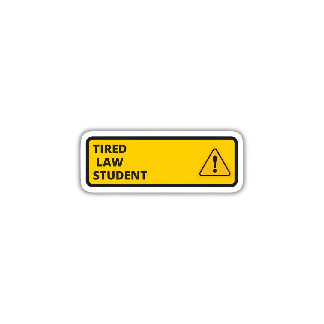 Law Student Tired sticker featuring a relatable law student and study-themed design, premium printing, waterproof quality and scratch-resistant finish