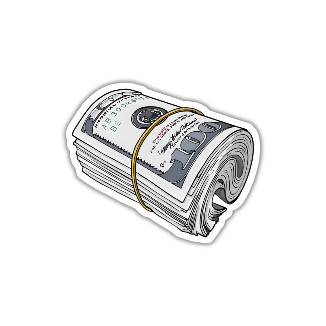 Money Bundle sticker featuring a bold cash and finance-themed design, premium printing, waterproof quality and scratch-resistant finish