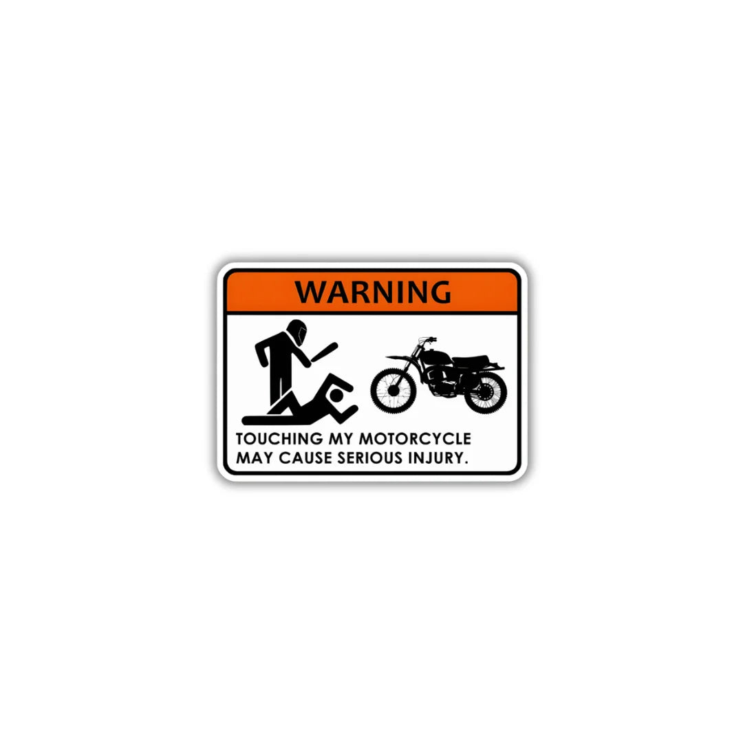 Motorcycle Warning sticker featuring a bold motorcycle and road safety-themed design, premium printing, waterproof quality and scratch-resistant finish