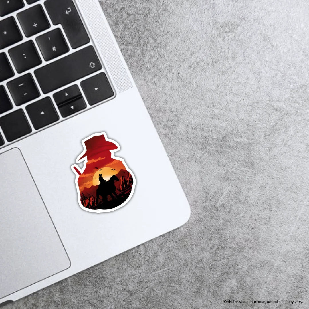 RDR Cowboy sticker featuring a bold western cowboy and gaming-themed design, premium printing, waterproof quality and scratch-resistant finish