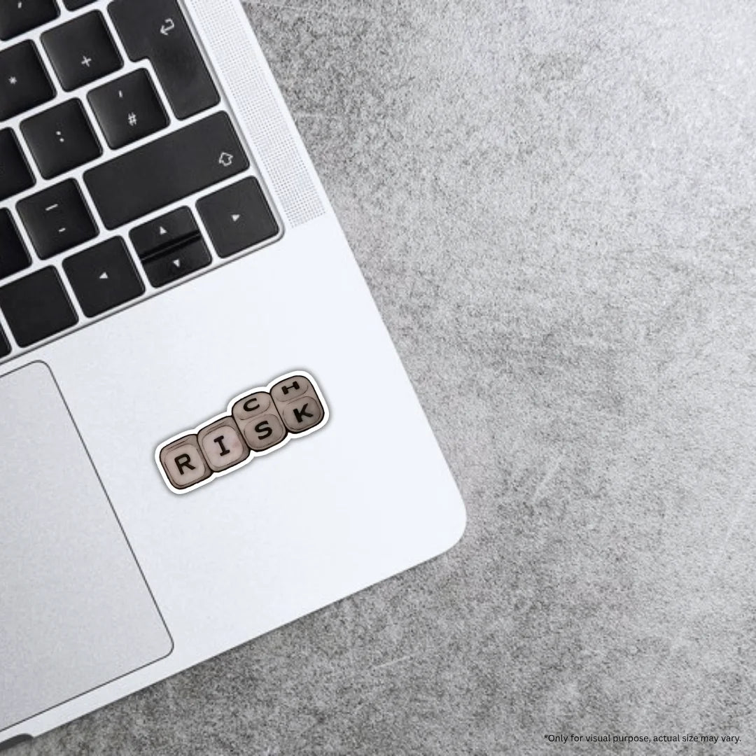 Risk Rich sticker featuring a bold wealth and trading mindset design, premium printing, waterproof quality and scratch-resistant finish