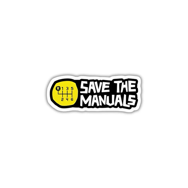 Save the Manuals sticker featuring a witty automotive design, premium printing, waterproof quality and scratch-resistant finish