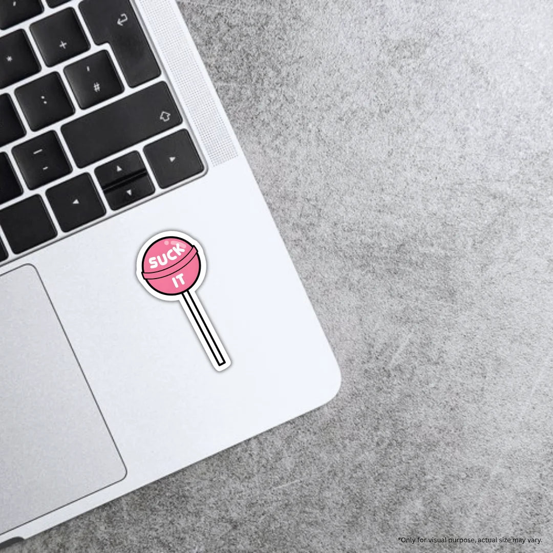 Suck It Lolipop sticker featuring a playful and cheeky candy-themed design, premium printing, waterproof quality and scratch-resistant finish