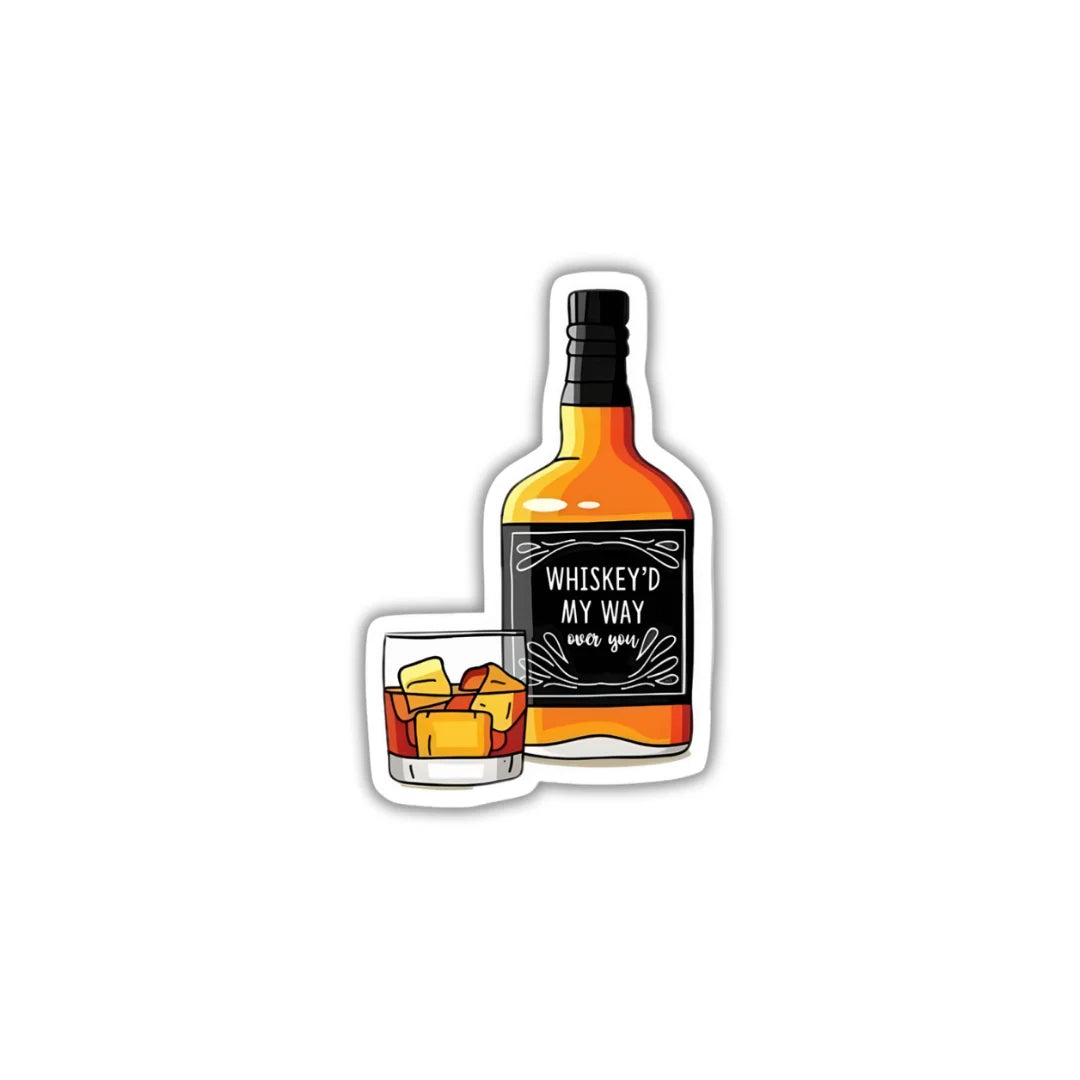 Whiskey sticker featuring a bold whiskey and beverage-themed design, premium printing, waterproof quality and scratch-resistant finish