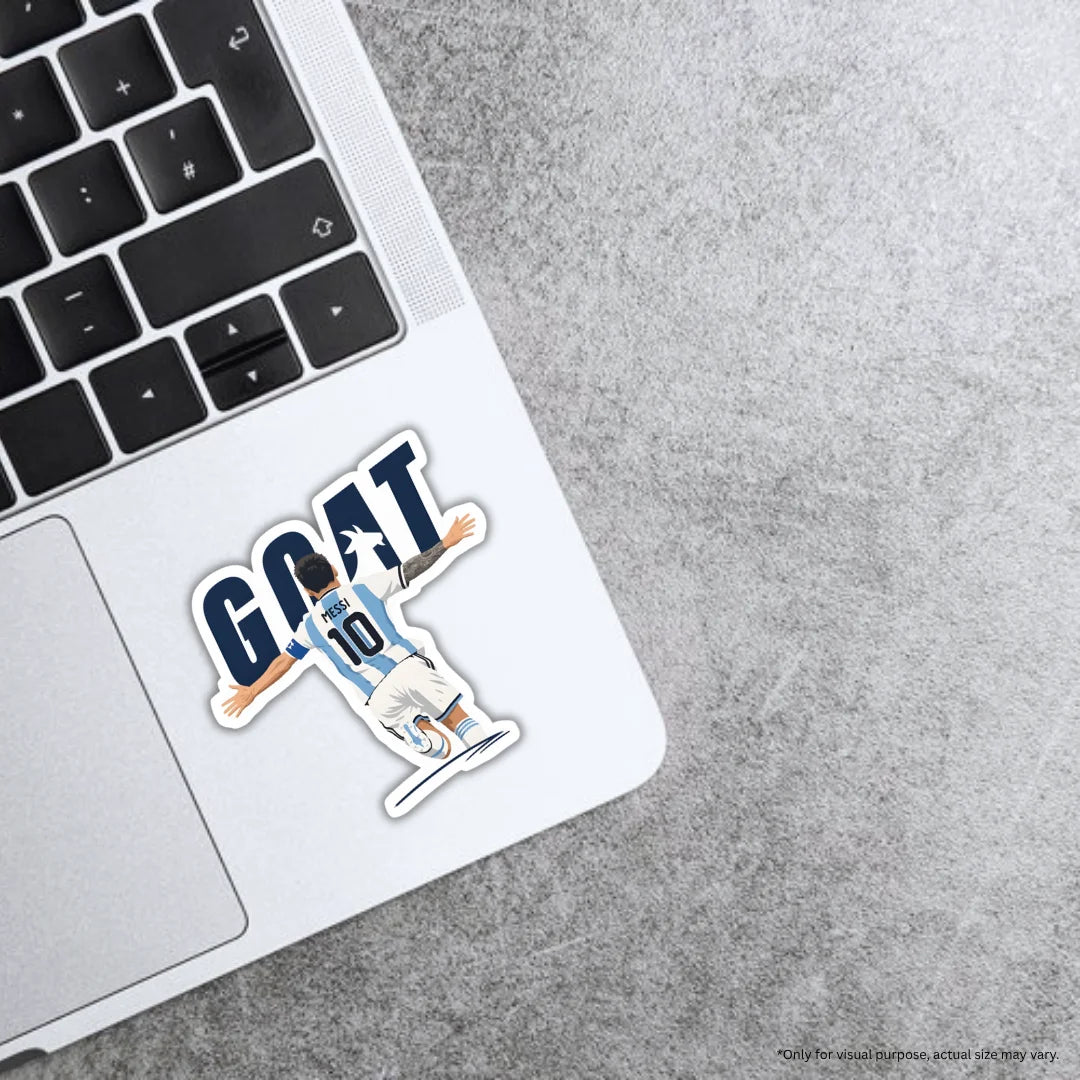 Messi GOAT sticker featuring premium printing, waterproof quality and scratch-resistant finish by Drache